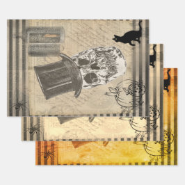 ハットと黒猫スカルを備えたハロウィーンヴィンテージ ラッピングペーパーシート