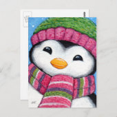 ハットをかぶった可愛いペンギンとスカーフ葉書 ポストカード (正面/裏面)