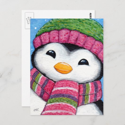 ハットをかぶった可愛いペンギンとスカーフ葉書 ポストカード (正面/裏面)