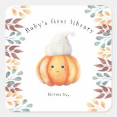 ハットをかぶった秋のカボチャ - 赤ちゃんの最初の図書館 スクエアシール (正面)