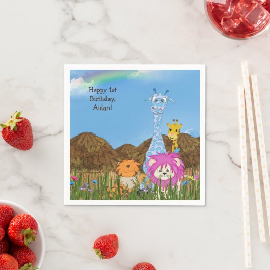 ハットを持つハッピーバースデーのジャングル動物 スタンダードカクテルナプキン (インサイチュ)