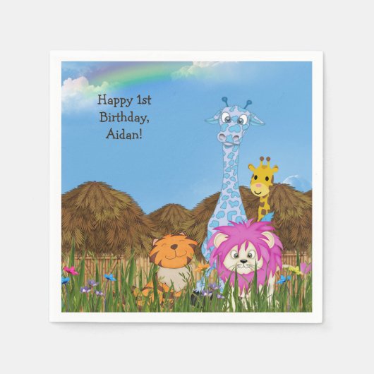 ハットを持つハッピーバースデーのジャングル動物 スタンダードカクテルナプキン (正面)