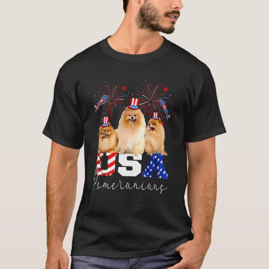 ハットアメリカの旗を着た3つのアメリカポメラニア犬Fi Tシャツ (正面)