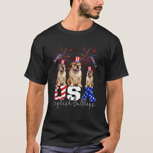 ハットアメリカ国旗を着た3人のアメリカのブルテリア Tシャツ (正面)