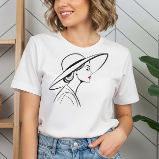 ハットエレガントミニマリストのラインアートの女性 Tシャツ