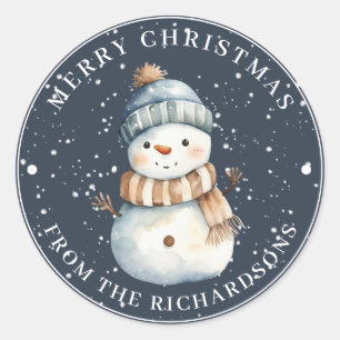 ハットオンブルーのメリークリスマス雪だるま ラウンドシール