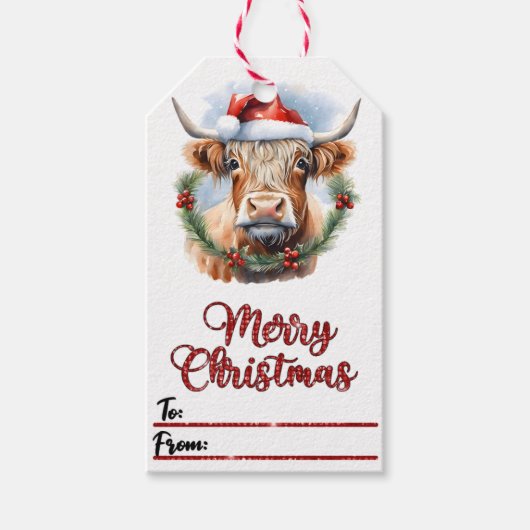 ハットクリスマスラベルの喜びの牛 ギフトタグ (正面)