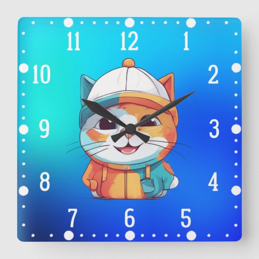 ハットクリップアートを着た笑顔の猫 スクエア壁時計 (正面)