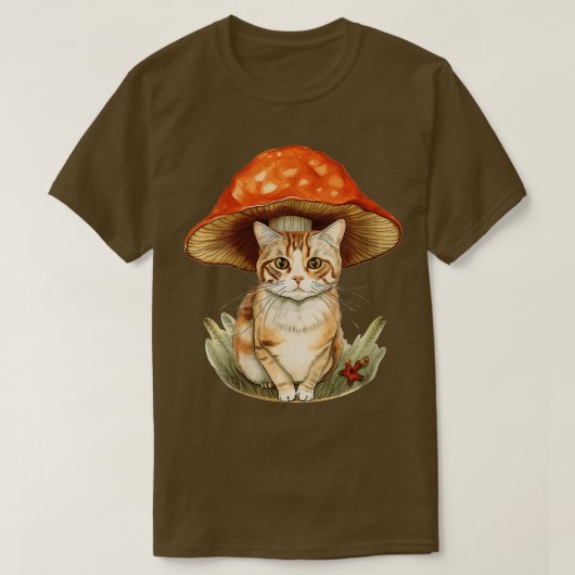 ハットコテージコアVとしてキノコを持つ女性猫 Tシャツ (デザイン正面)