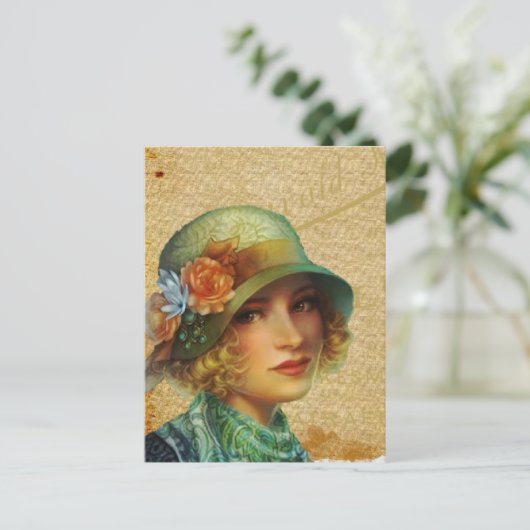 ハットコラージアートのヴィンテージの女性 ポストカード (スタンド正面)