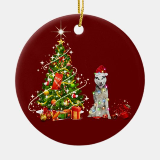 ハットスカフクリスマスのハスキー セラミックオーナメント (正面)