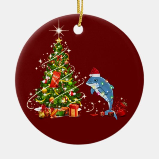 ハットスカフクリスマス付きイルカ セラミックオーナメント (正面)