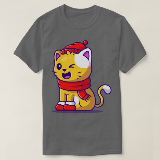ハットスカーフとシューズのカロを着た可愛い猫の冬 Tシャツ (デザイン正面)