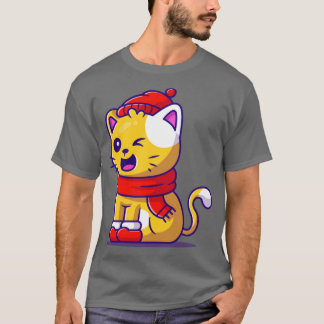 ハットスカーフとシューズのカロを着た可愛い猫の冬 Tシャツ