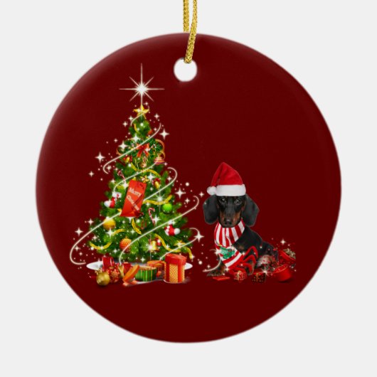 ハットスキャフクリスマス付きダックスシュント セラミックオーナメント (正面)