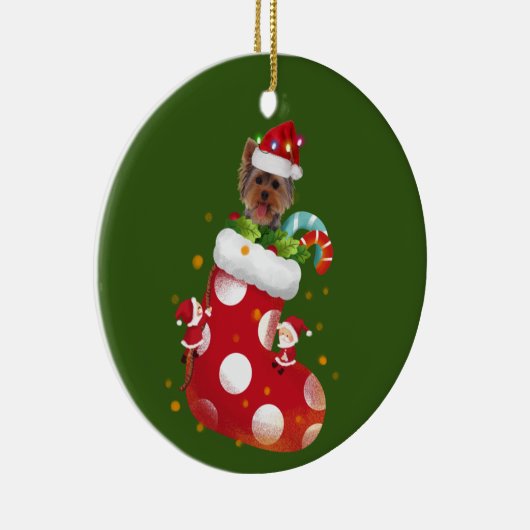 ハットソッククリスマス付きヨークシャーテリア セラミックオーナメント (右)
