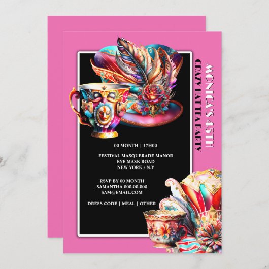 ハットティーパーティーフェスティバル仮装フェザーピンク 招待状 (正面/裏面)