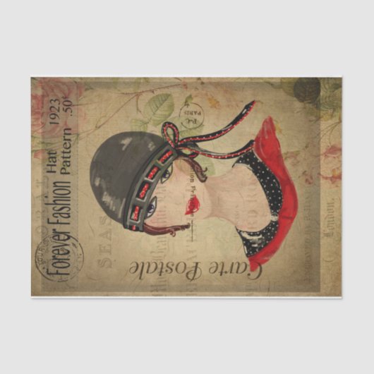 ハットデカフランスのップ付きEphemeraはがき女性 薄葉紙 (正面)