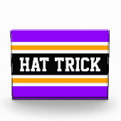 ハットトリック鮮やかな紫色のブラックイエローホッケーストライプズ フォトブロック (正面)