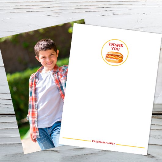 ハットドッグの写真を使った感謝カード – 子供のBBQクックアウトパーティー サンキューカード