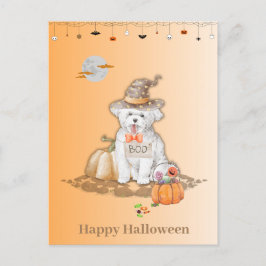 ハットハロウィーンキャンディーカードを着たハロウィンドッグ シーズンポストカード