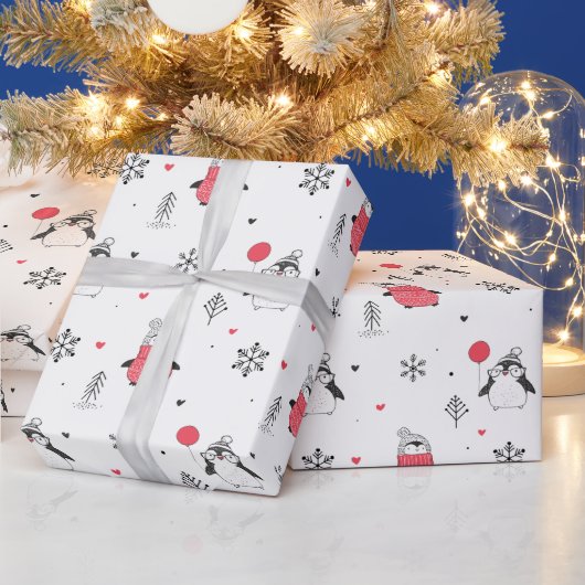ハットホワイトに登場するメリークリスマスかわいいハッピーペンギン ラッピングペーパー (クリスマス)