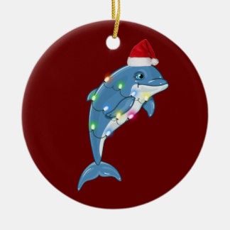 ハットライト付きイルカのクリスマス セラミックオーナメント