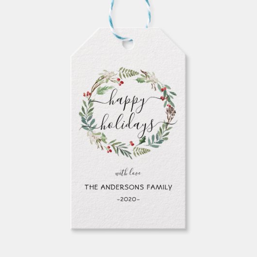 ハッパーソナライズされたプホリデーズウォーターカラーリース ギフトタグ (正面)