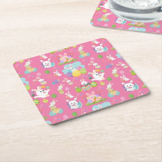 ハッピイースターの日 - パターンおもしろいうさぎとタマゴ スクエアペーパーコースター (アングル)