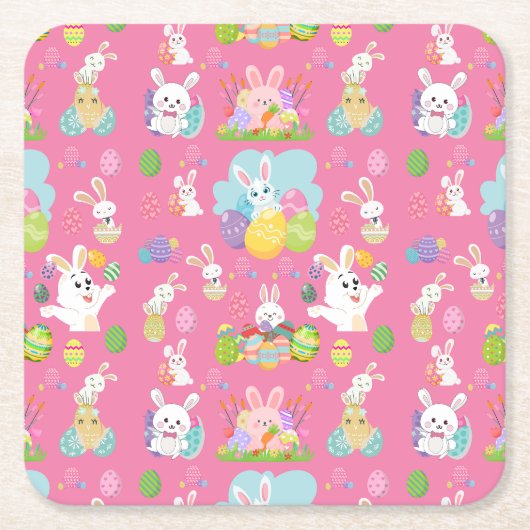 ハッピイースターの日 - パターンおもしろいうさぎとタマゴ スクエアペーパーコースター (正面)