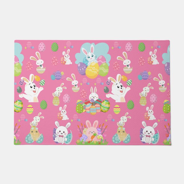 ハッピイースターの日 - パターンおもしろいうさぎとタマゴ ドアマット (正面)