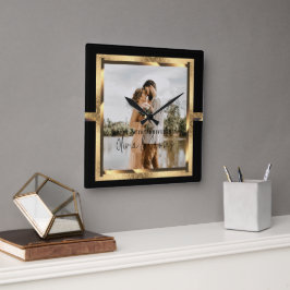 ハッピンカスタムグ・イヤー・アニバーサリー、ブラック&金ゴールド スクエア壁時計