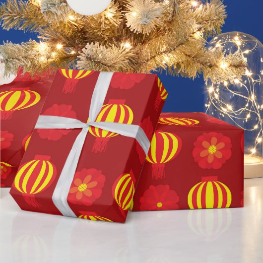 ハッピン中国のグニューイヤーイエローランタンフローラ赤 ラッピングペーパー (クリスマス)