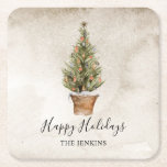 ハッピン素朴グホリデーズクリスマスツリー スクエアペーパーコースター<br><div class="desc">ハッ素朴プホリデーズクリスマスツリーの水彩で設計されたコースター。全クリック文字のパーソナライズおよび編集私たちの店のマッチング項目Cavaパーティーデザイン</div>