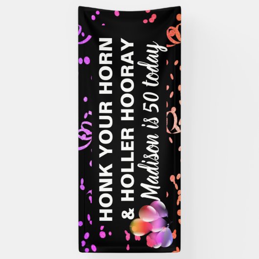 ハッピーおもしろい50th誕生日ホンクユアホーンネーム 横断幕 (縦)