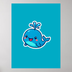 ハッピーかわいいホエールステッカー – かわいい海フレンド ポスター