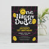 ハッピーなデュード ネオン スマイル フェイス ボーイ 1歳の誕生日 招待状 (スタンド正面)