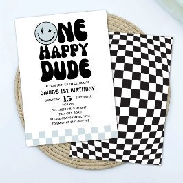 ハッピーなデュード ブルーハッピー フェース ファースト バースデー 招待状