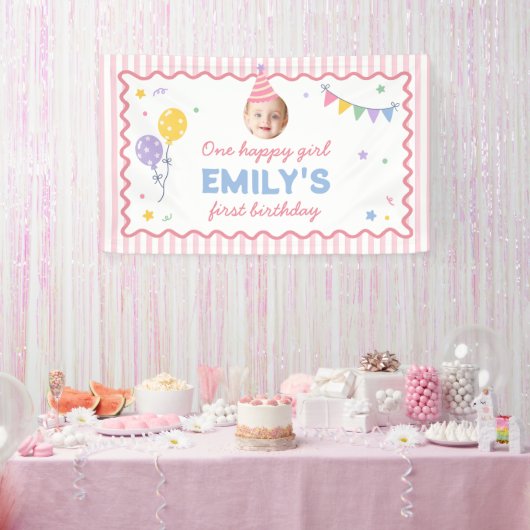 ハッピーな女の子 ピンクのカラフルな1歳の誕生日 横断幕 (パーティー)