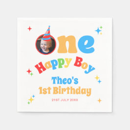 ハッピーな少年 カラフルな1歳の誕生日フォト スタンダードカクテルナプキン