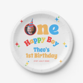 ハッピーな少年 カラフルな1歳の誕生日フォト ペーパープレート