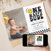 ハッピーな男の子のスマイル顔1歳誕生日写真 招待状