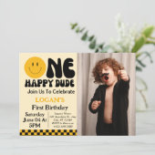 ハッピーな男の子1歳の誕生日写真 招待状 (スタンド正面)