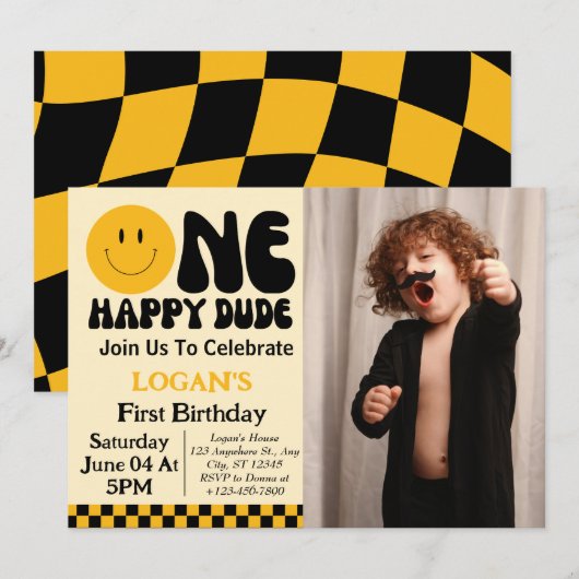 ハッピーな男の子1歳の誕生日写真 招待状 (正面/裏面)
