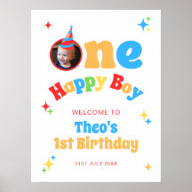 ハッピーな男の子 楽しい1歳の誕生日フォトウェルカムボード