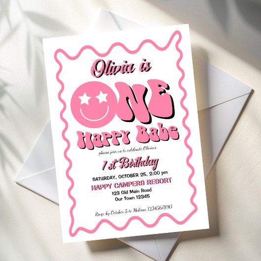 ハッピーな赤ちゃんのレトロピンク1歳誕生日パーティー 招待状