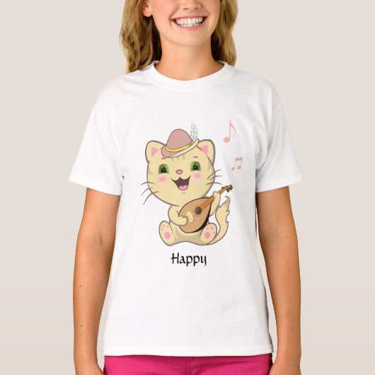 ハッピーな音楽のジンジャー・タビー・子猫 Tシャツ (正面)