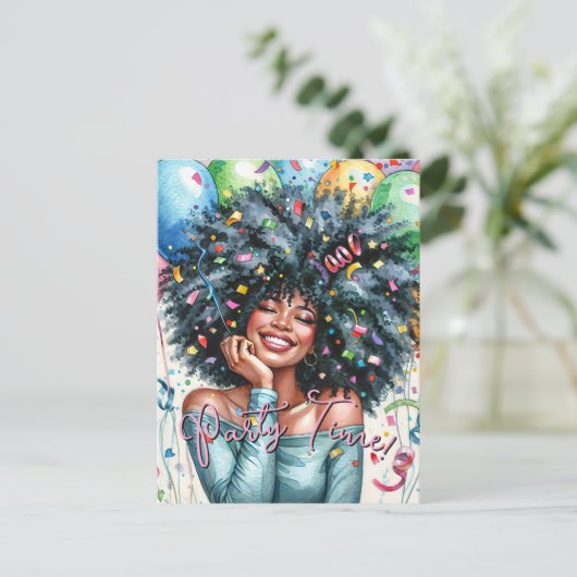 ハッピーな黒人女性パーティータイム ポストカード (スタンド正面)