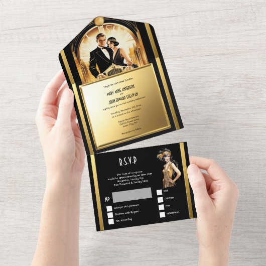 ハッピーな1920年代スタイルのウェディング!フローラルな装飾とスパイシーの効いたカクテル、そしてジ オールインワン招待状 (貼ってはがせる)