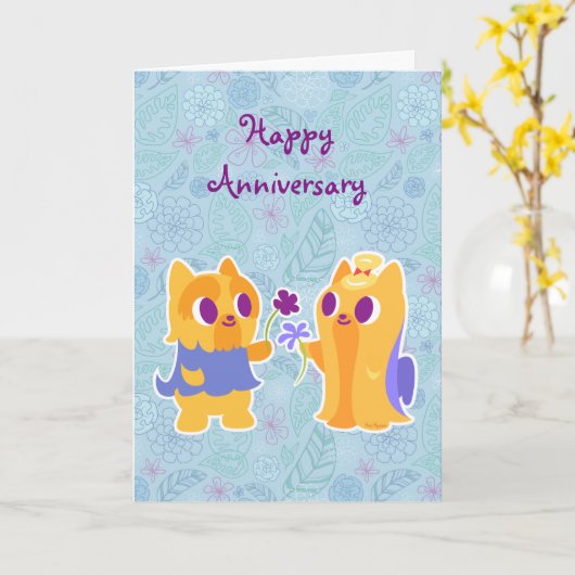 ハッピーの結婚記念日 かわいい犬子犬ラブ ヨークシャーテリア カード (黄色い花)